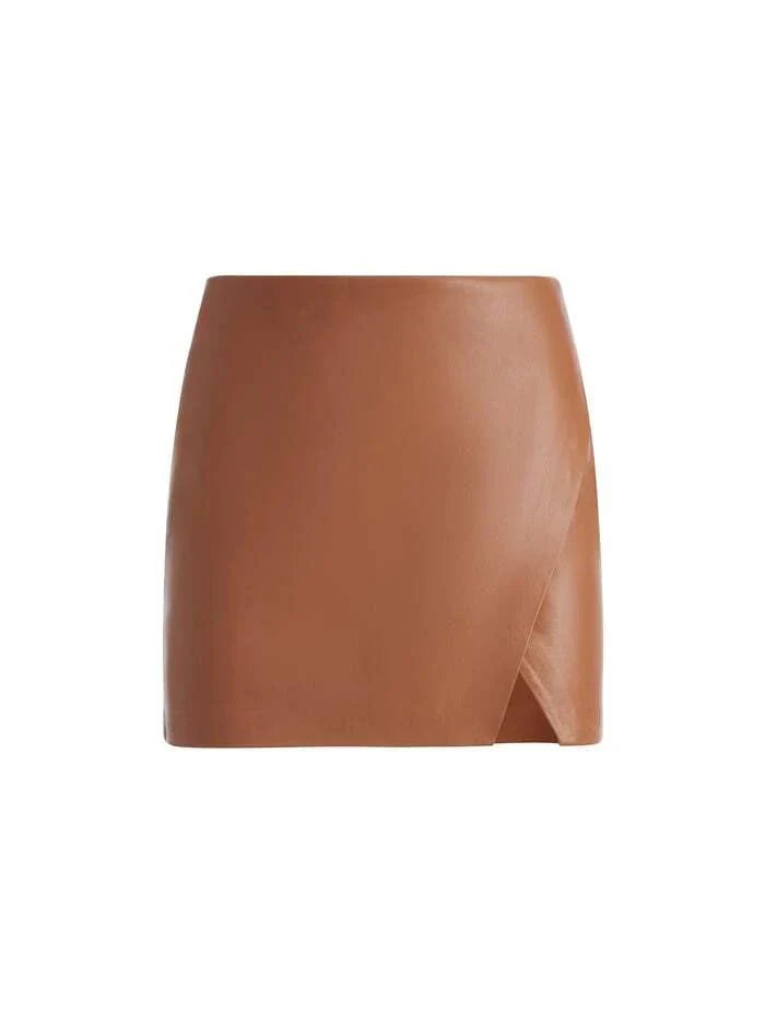 Alice + Olivia Siobhan Vegan Wrap Mini Skirt in Camel