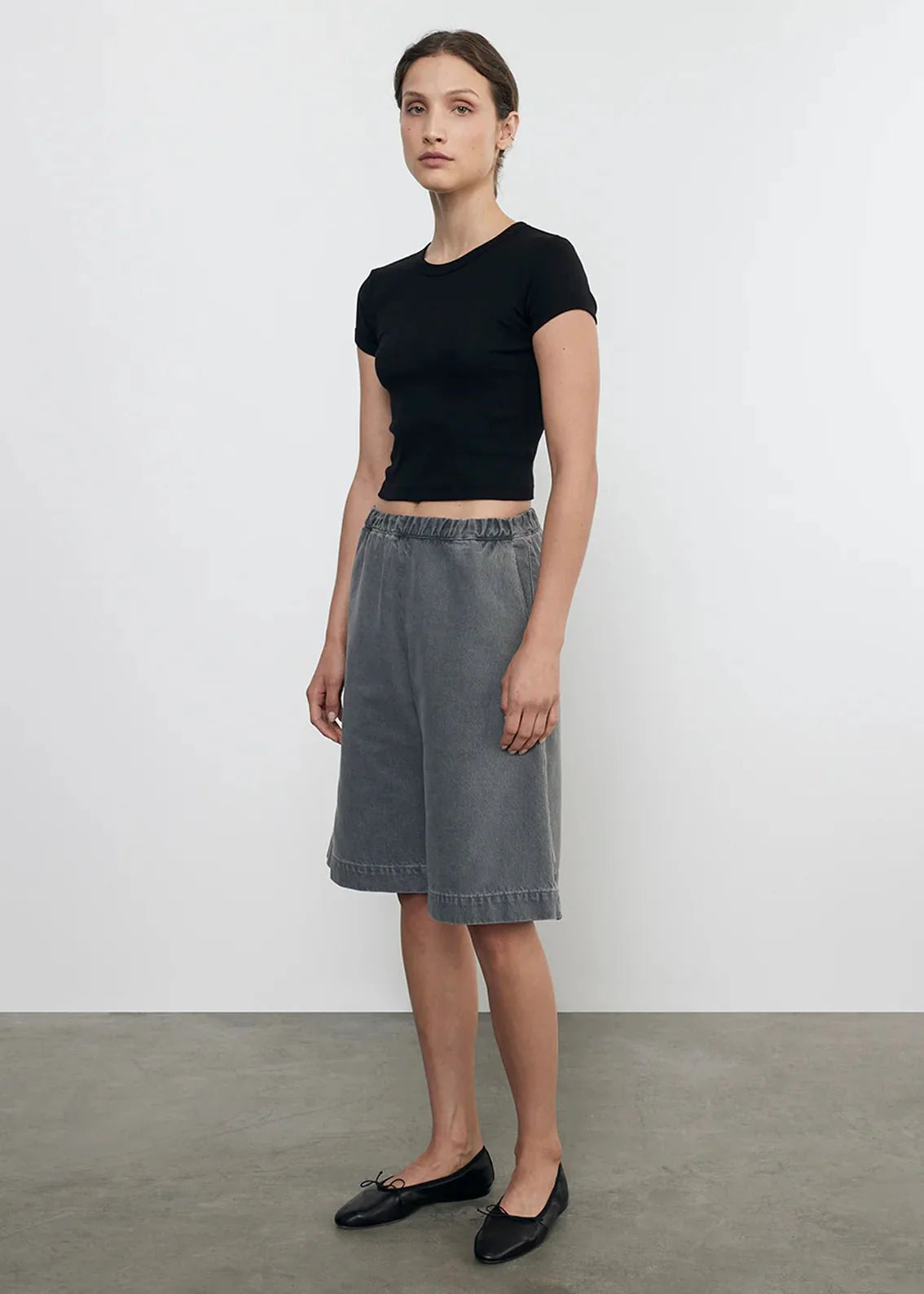 Enza Costa Supima Baby Rib Cropped Tee in Black