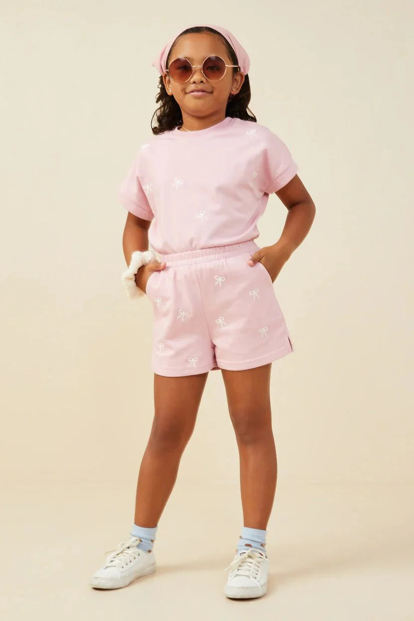 Hayden Girls Bow Embroidered French Terry Tee in Mauve