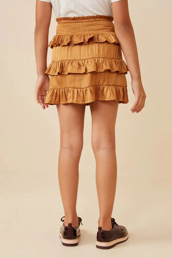 Hayden Girls Shimmery Ruffle Tiered Smocked Waist Skirt in Camel