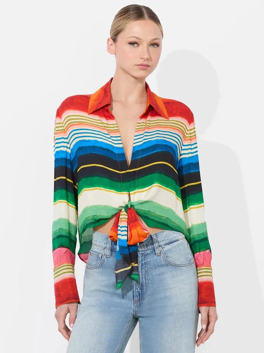 Alice + Olivia Hannon Tie Front Blouse in Rainbow Reef