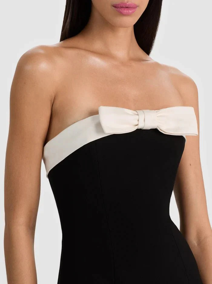 Alice + Olivia Katya Sculpted Bow Romper in Black Off White