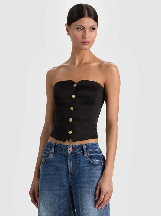 Alice + Olivia Kelcey Strapless Satin Vest Top in Black
