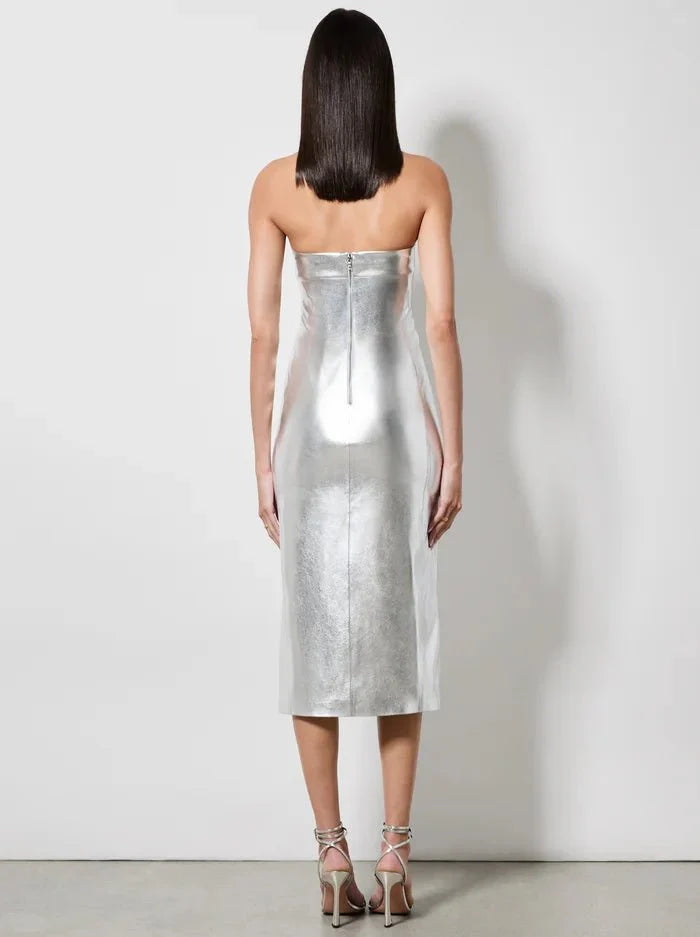 Alice + Olivia Kelly Shiny Vegan Leather Midi Dress in Silver