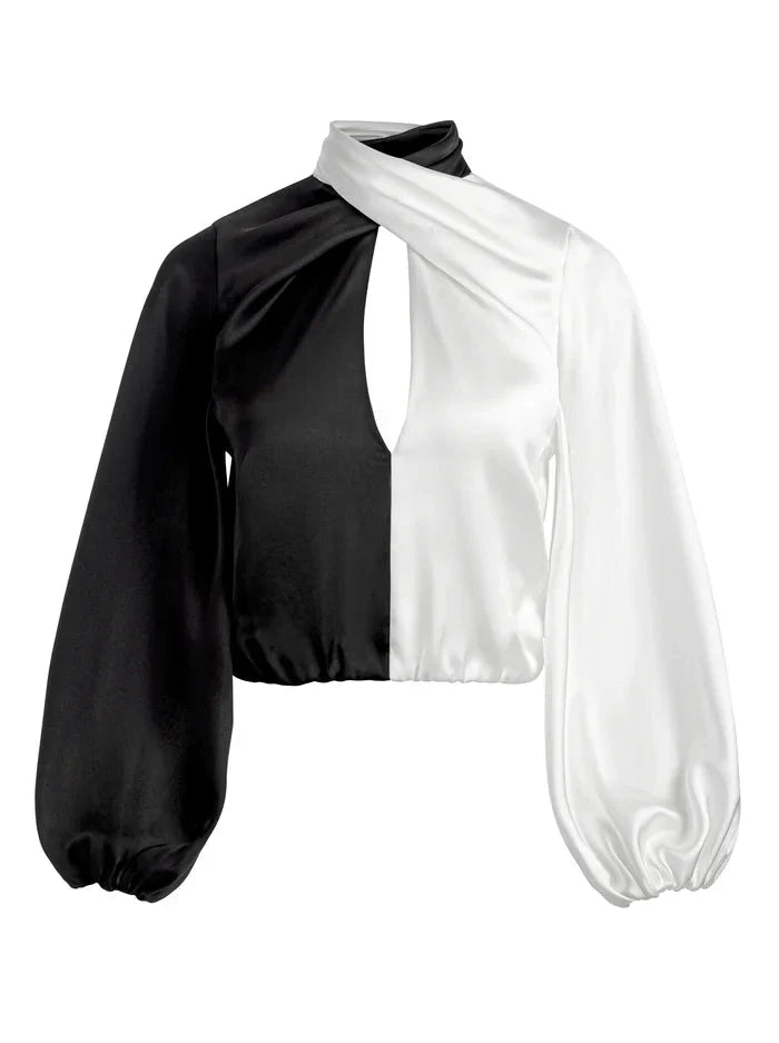 Alice + Olivia Mahogany Twist Neck Cropped Top in Black/White