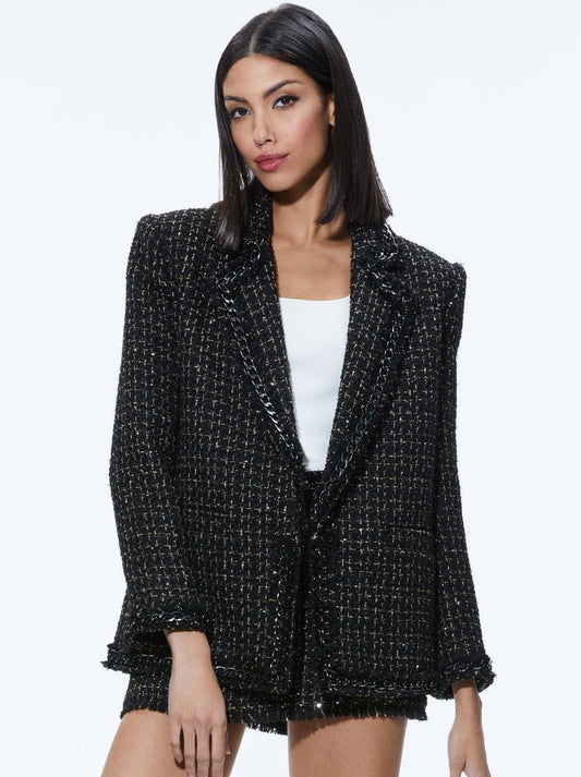Alice + Olivia  Tweed Trim Blazer in Black/Gold