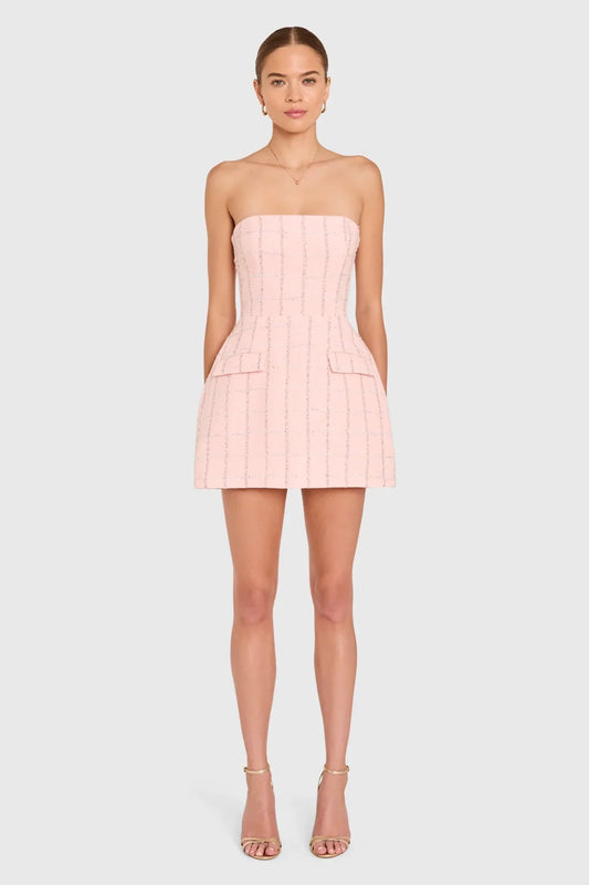 Amanda Uprichard Strapless Bethany Romper in Charlotte Tweed in Mochi