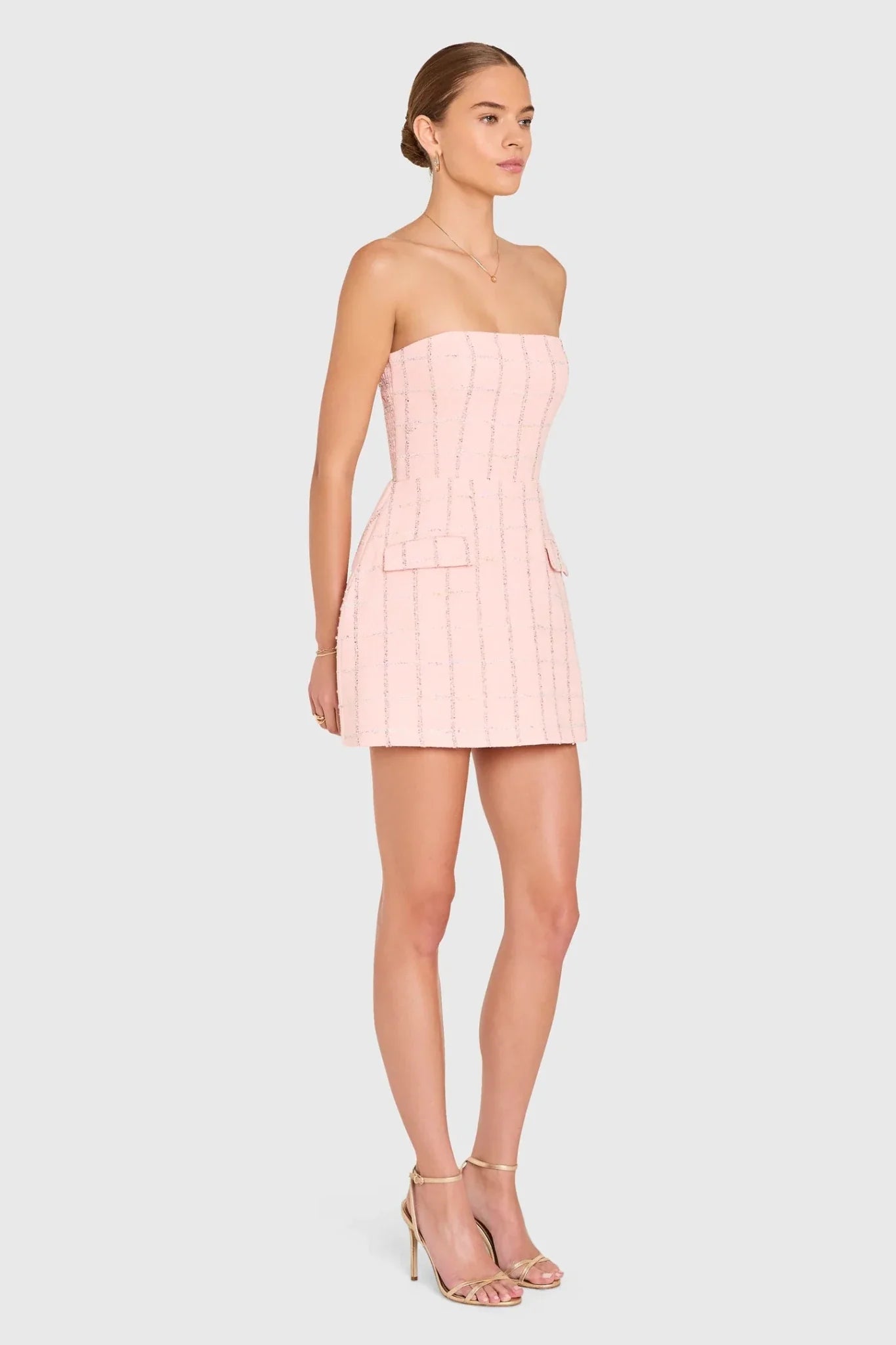 Amanda Uprichard Strapless Bethany Romper in Charlotte Tweed in Mochi