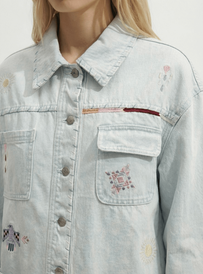 Berenice Valea Embroidered Denim Jacket in Light Blue Denim