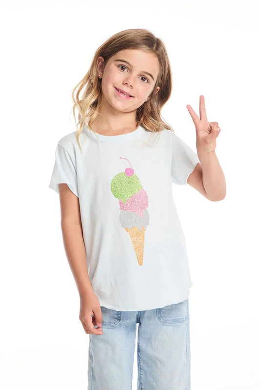 Chaser Glitter Ice Cream Cone Girls Tee in Artic