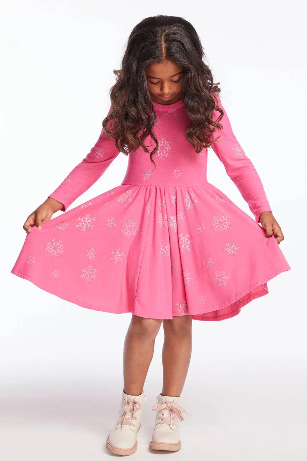 Chaser Kids Glitter Snowflake Dress in Flamingo