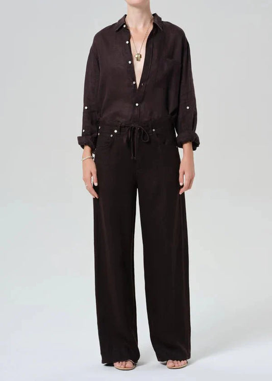 Citizen of Humanity Brynn Drawstring Linen Trouser in Chocolate