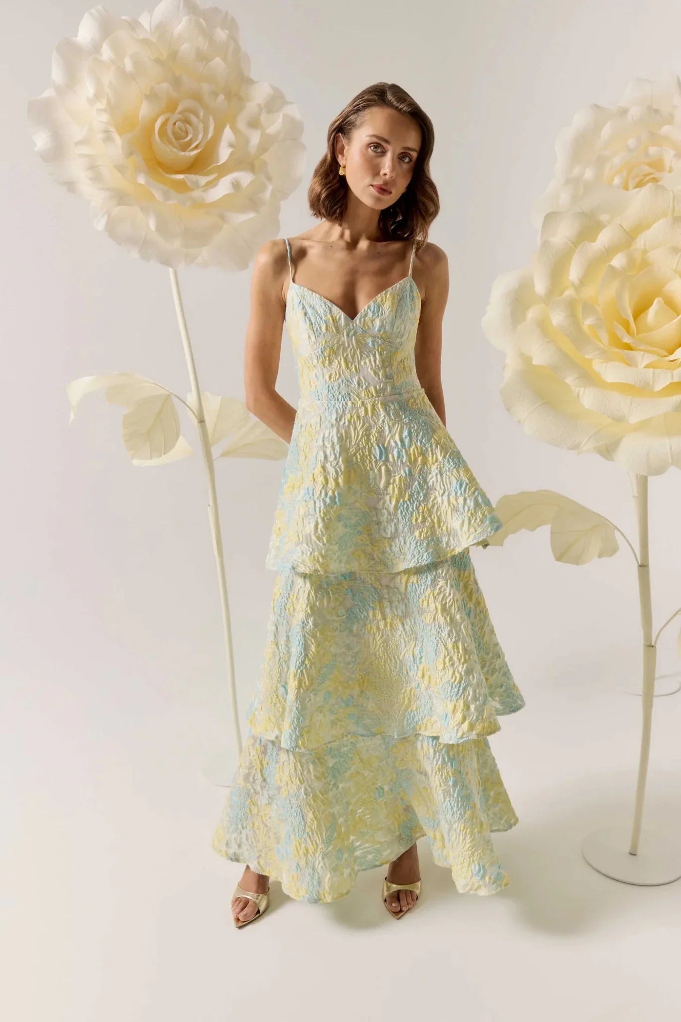Elliatt Penelope Tiered Gown in Yellow Blue Floral