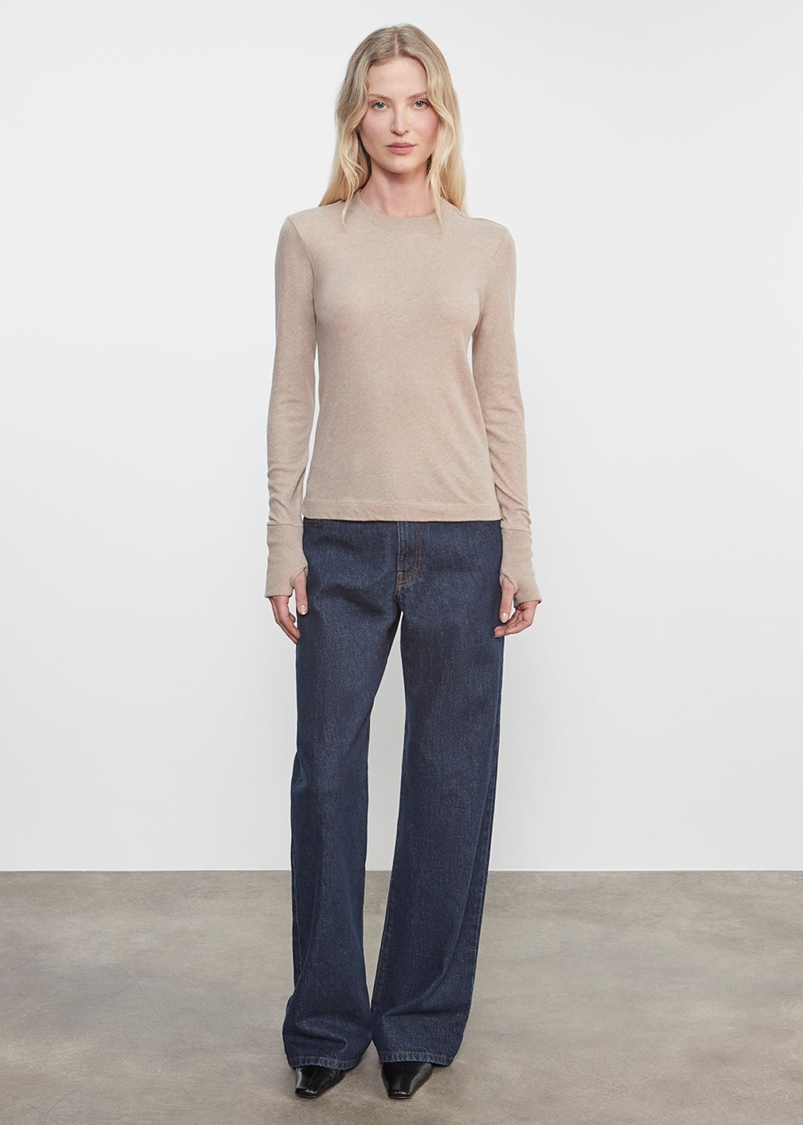 Enza Costa Cashmere Easy Cuffed Crew in Khaki
