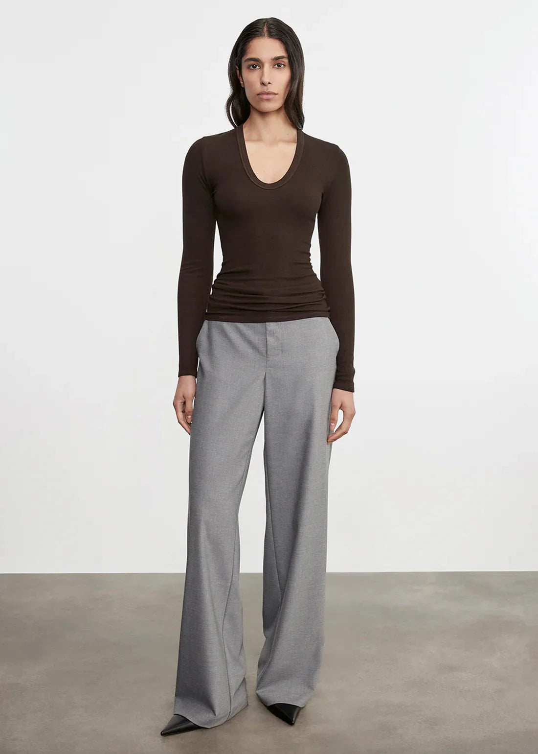 Enza Costa L/S Silk U Rib Top in Coffee Bean