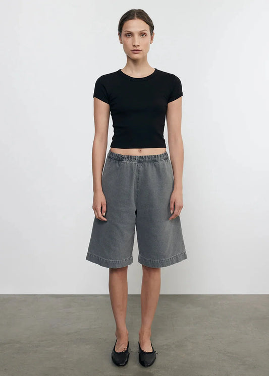 Enza Costa Supima Baby Rib Cropped Tee in Black