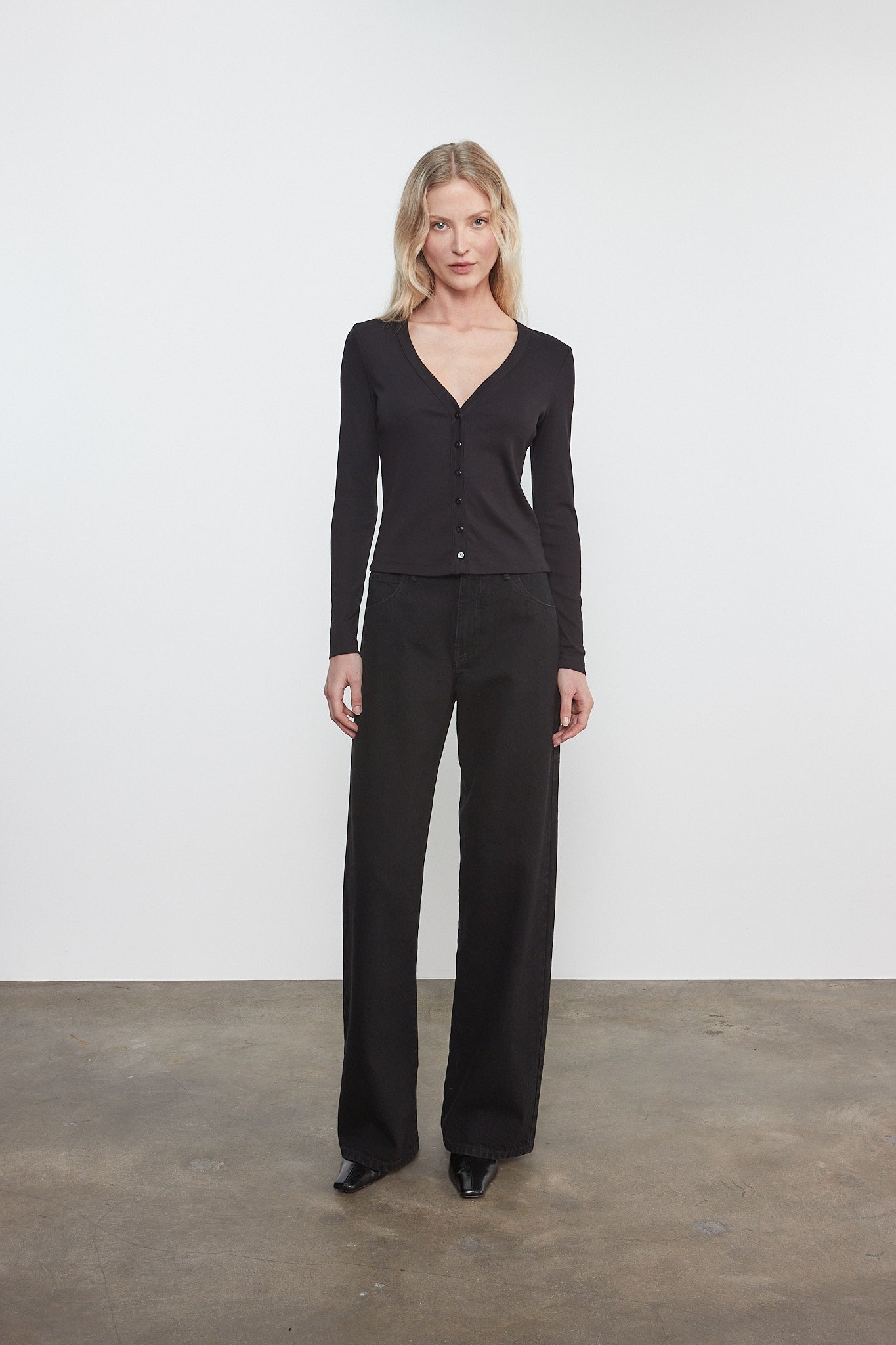 Enza Costa Supima Cotton New Classic V-Neck Cardigan in Black