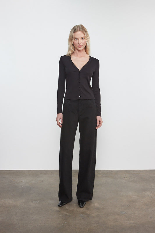 Enza Costa Supima Cotton New Classic V-Neck Cardigan in Black
