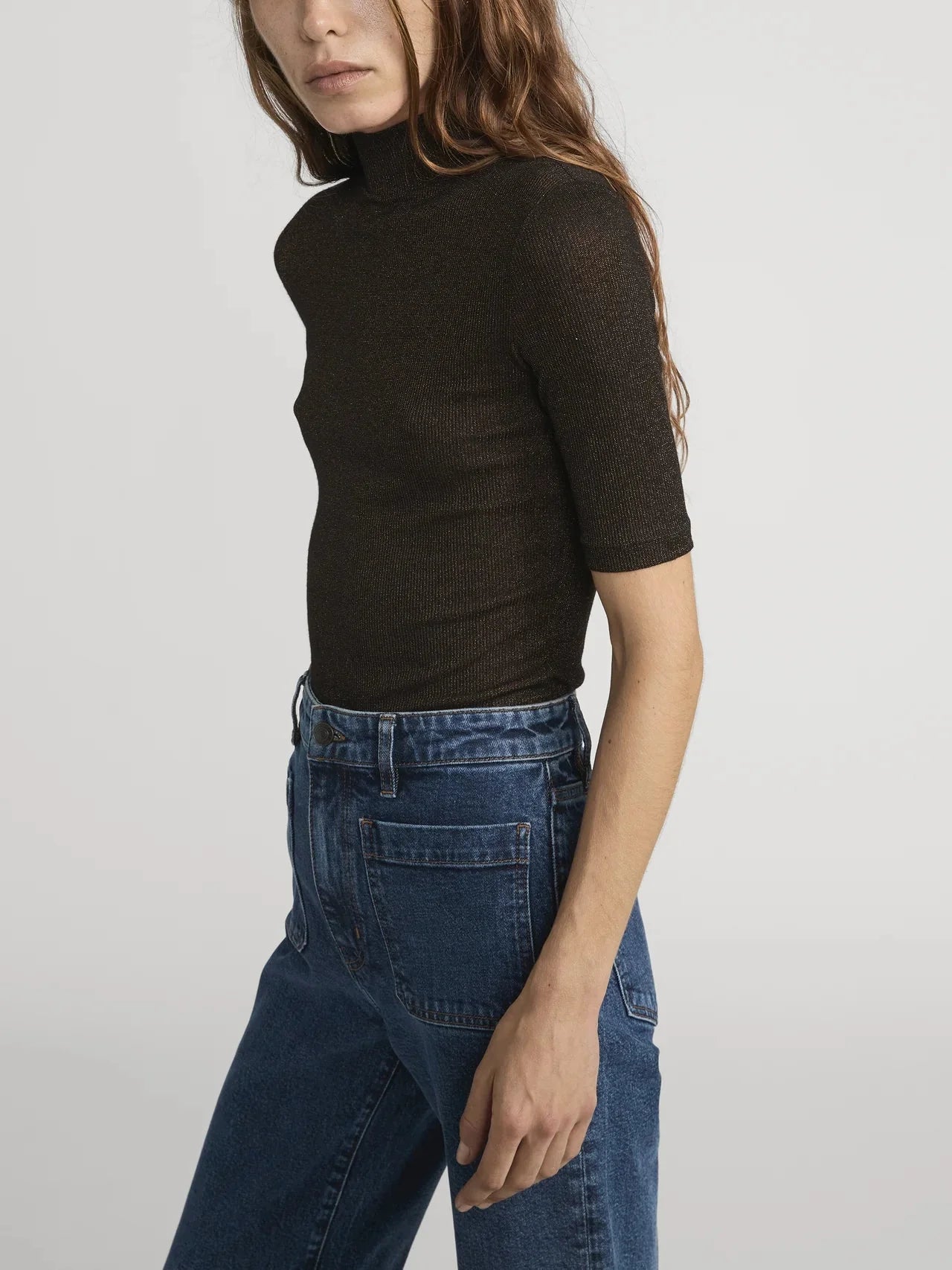 Frame The Lurex Mock Neck Tee in Americano