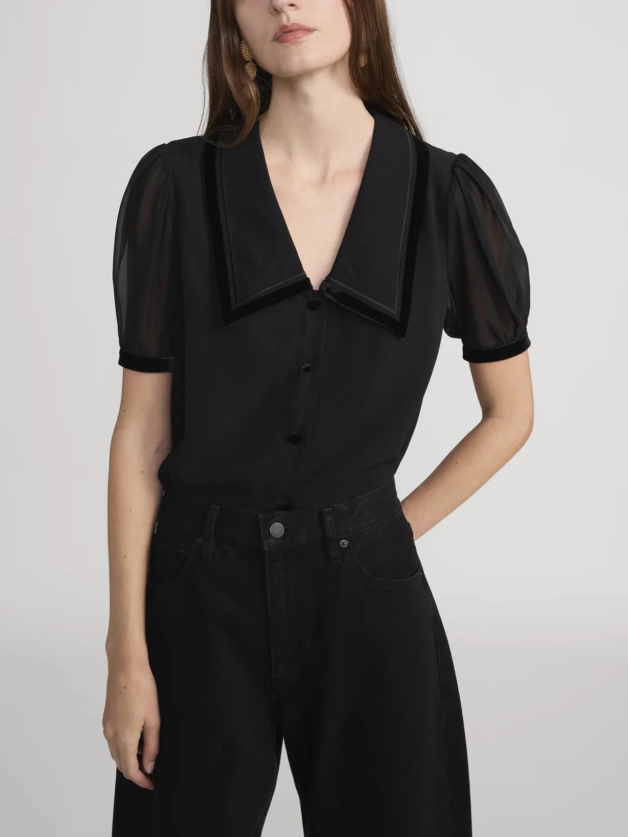 Frame The Velvet Trim Sailor Blouse in Black