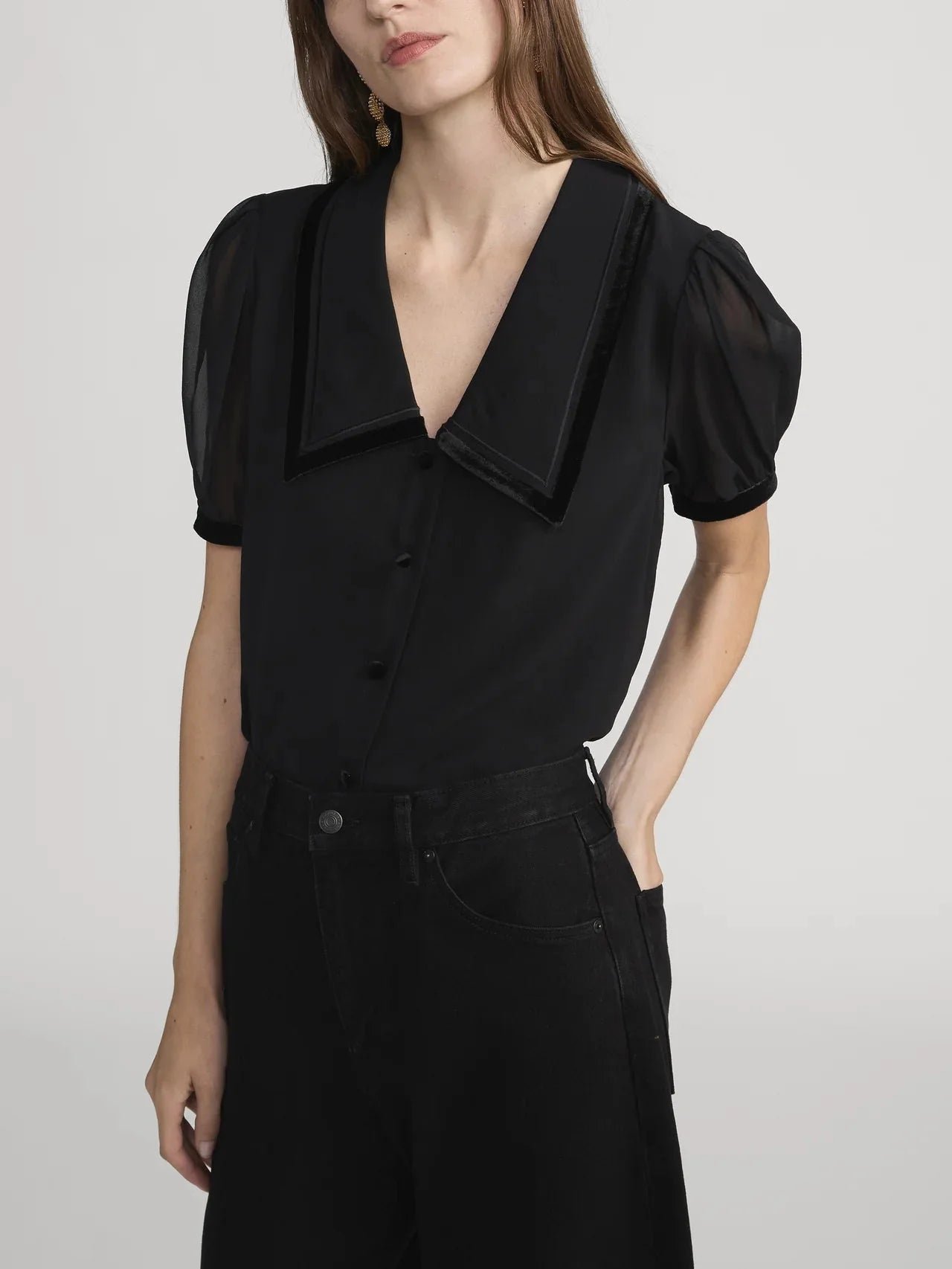 Frame The Velvet Trim Sailor Blouse in Black