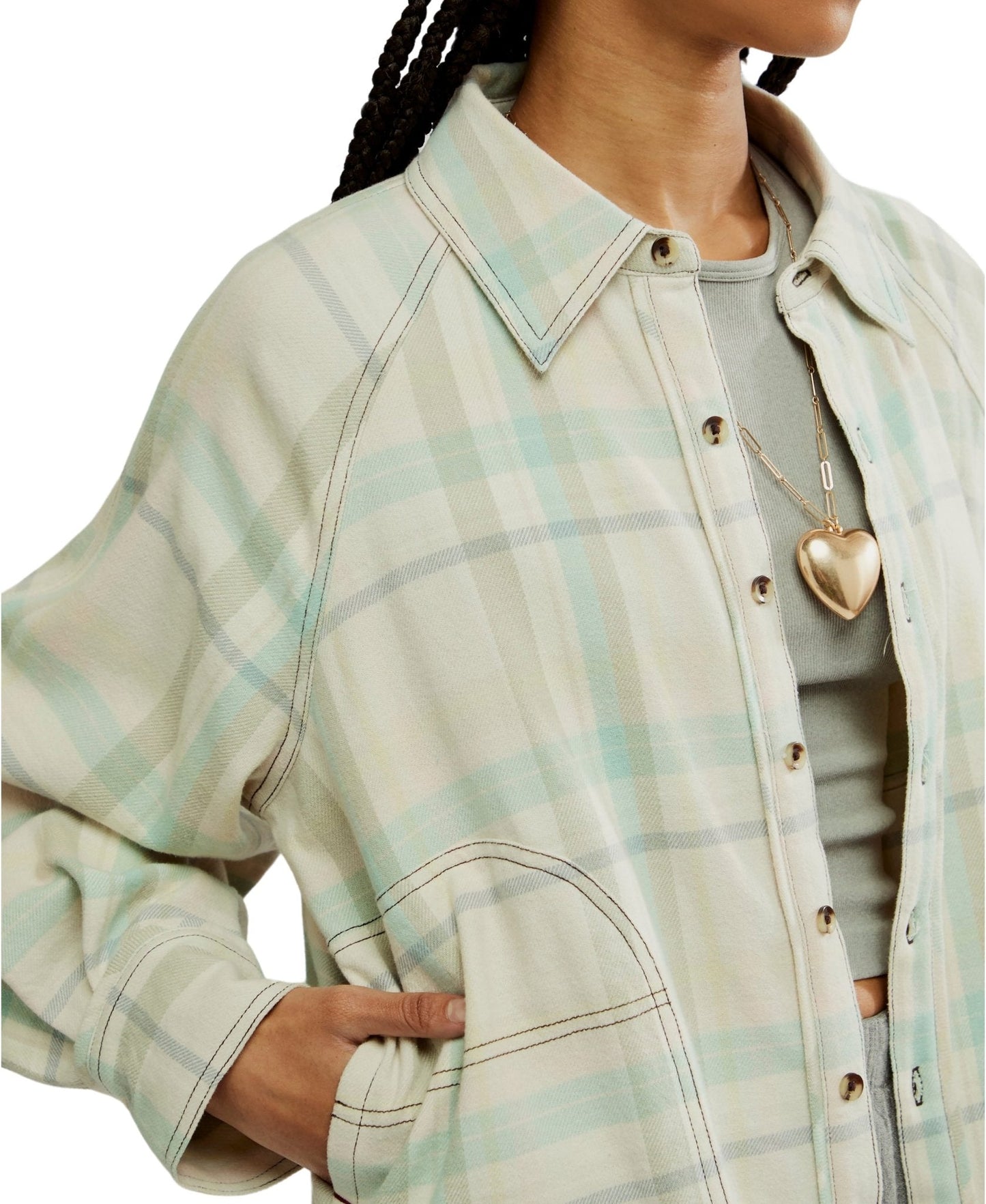 Free People Girl Meets Boy Plaid Shirt in Tea Combo