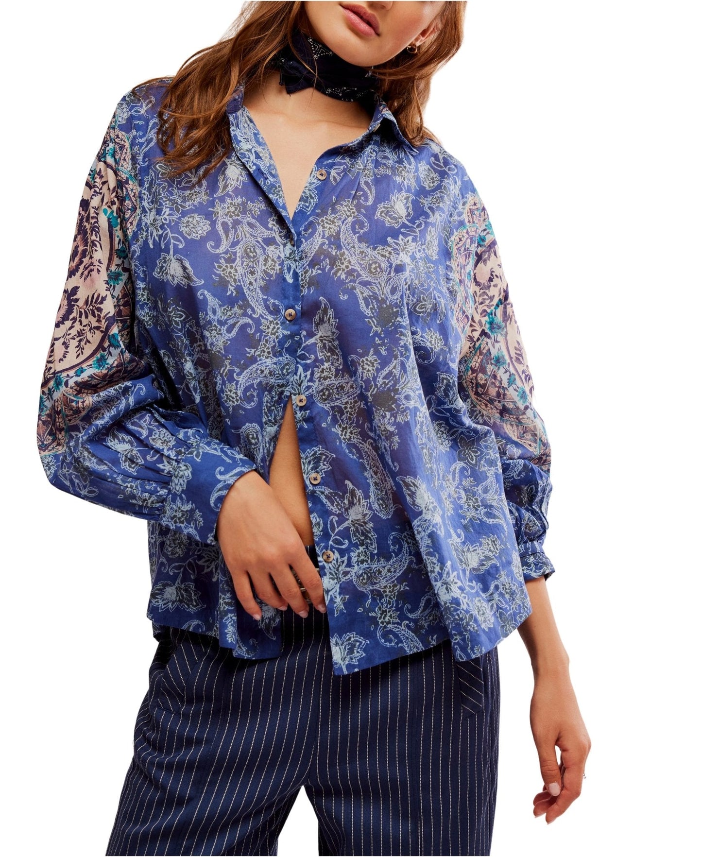 Free People Rose Bud Blouse in Blue Combo
