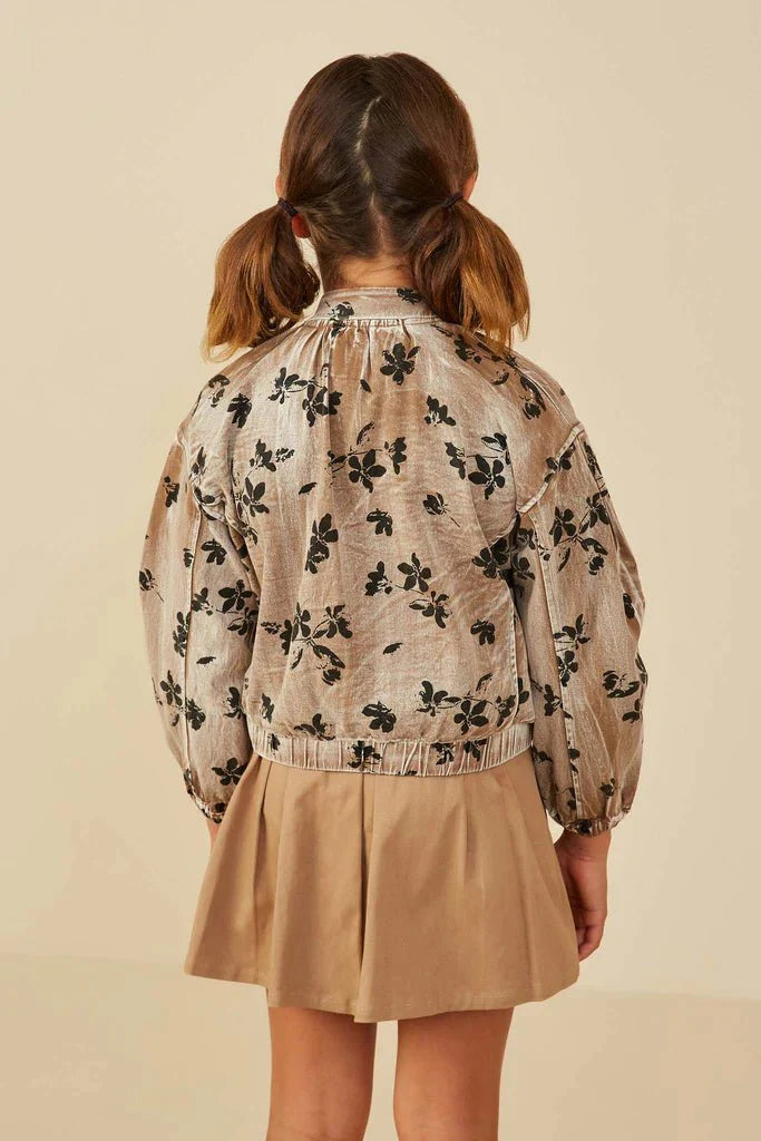 Hayden Girls Floral Print Stretch Twill Puff Sleeve Jacket in Mocha