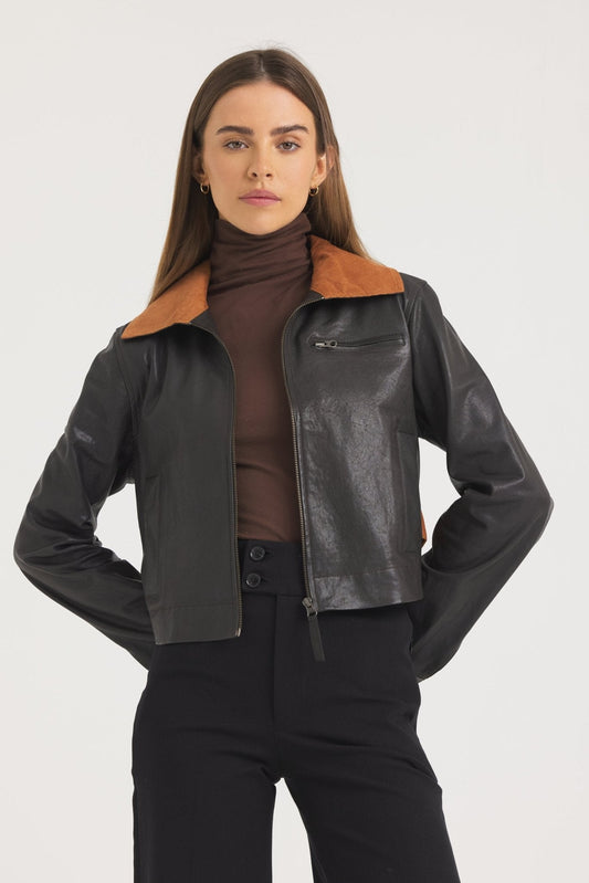 Jakett Moira Wrinkled Leather Jacket in Chocolate