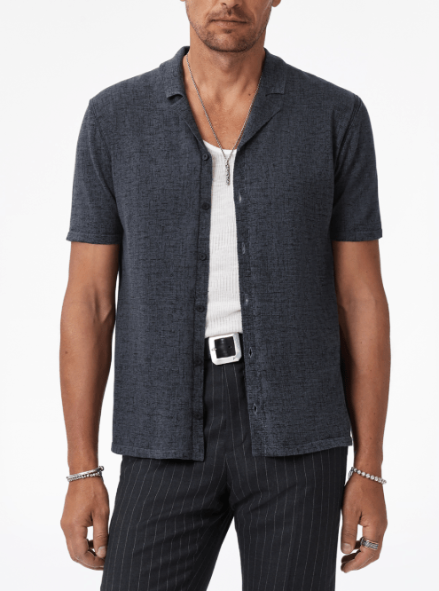 John Varvatos Nayeem Etching Printed Camp Collar Shirt in Charcoal Heather